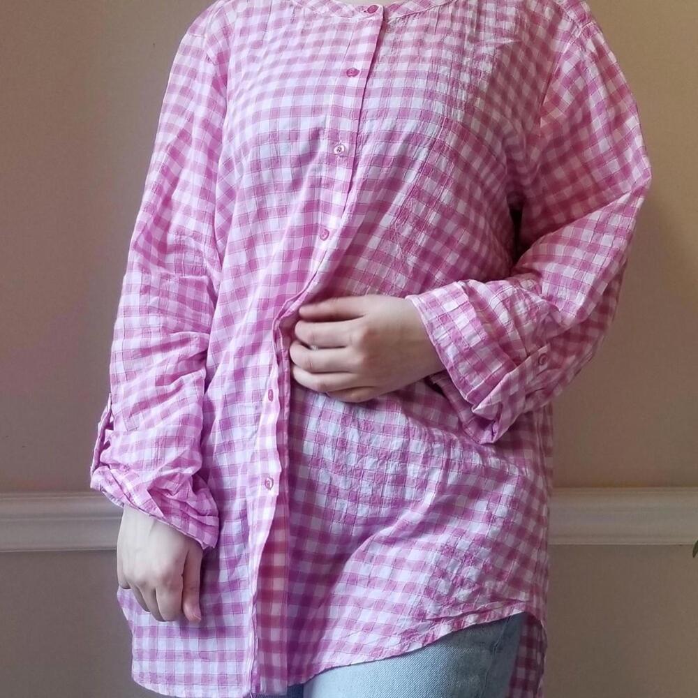 Pink Gingham Print Button Down Blouse - image 2